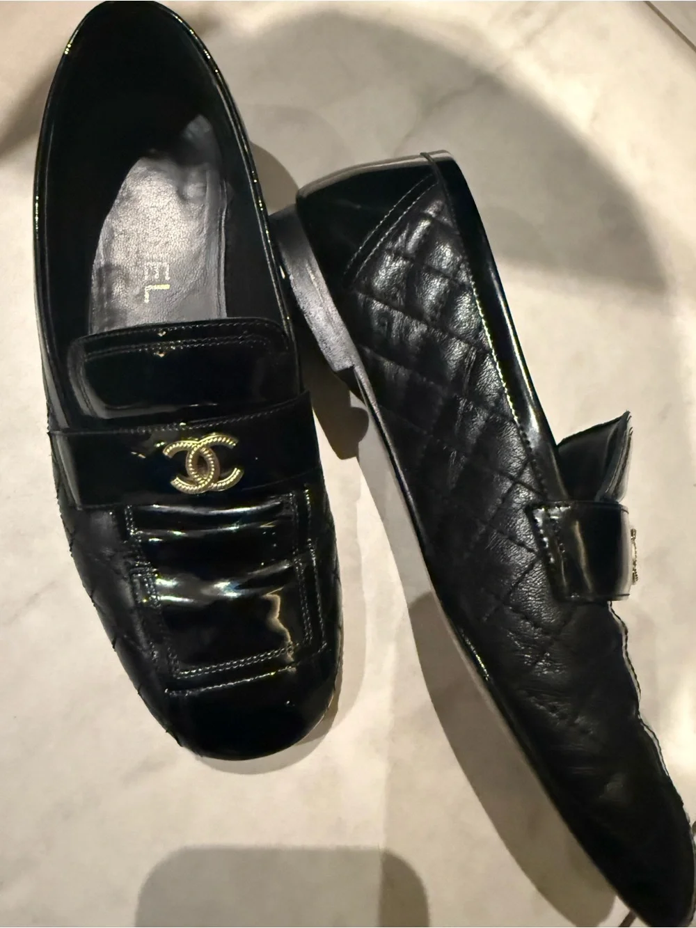 CHANEL Black Patent Leather Women's Loafers with Gold CC Emblem